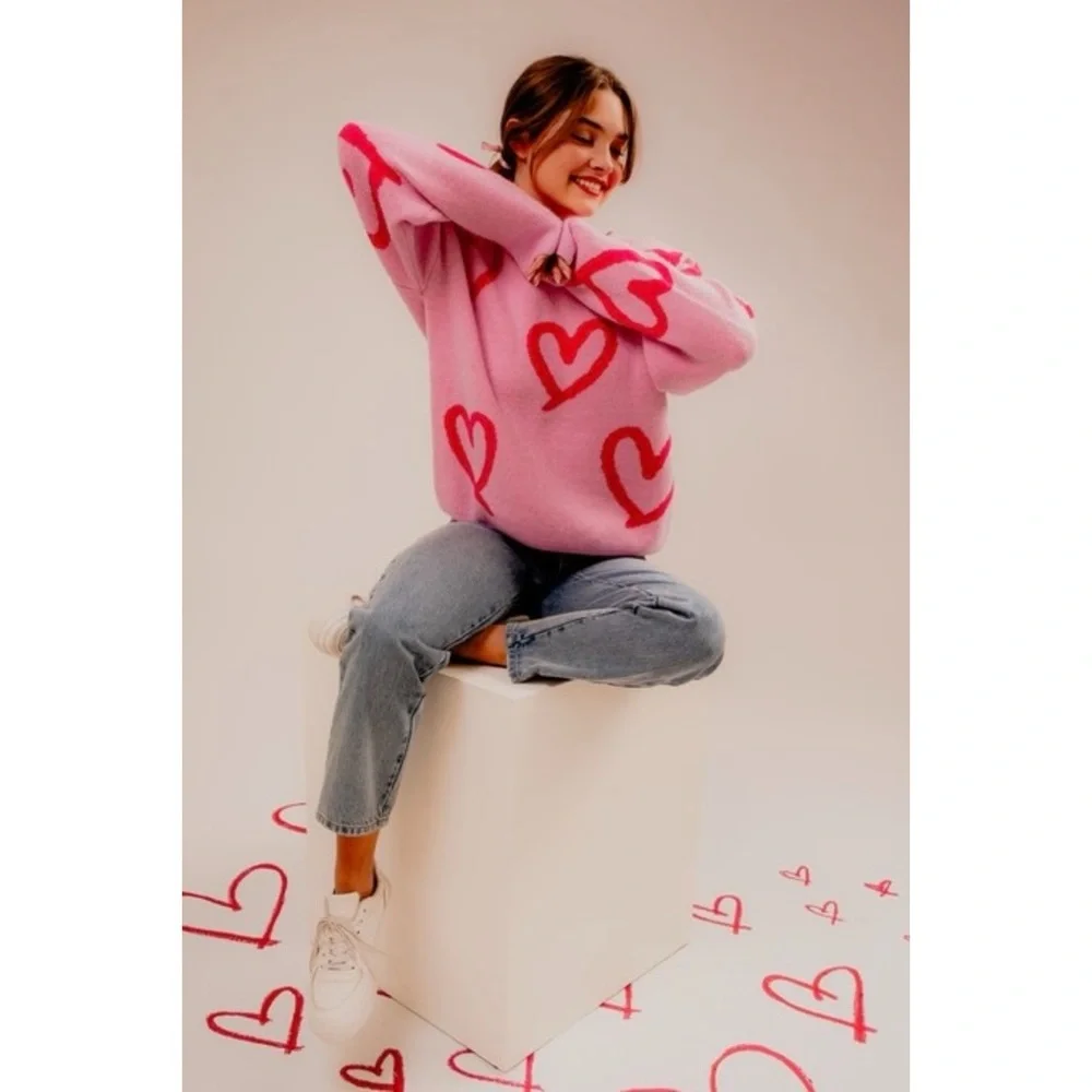 Le Lis Pink Heart Patterned Oversized Sweater